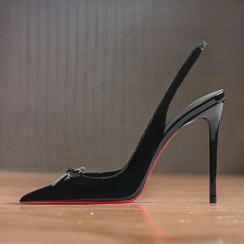 New black nude wine red patent leather pointed small bow back empty style plus size socialite high-heeled sandals