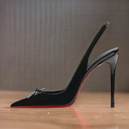 New black nude wine red patent leather pointed small bow back empty style plus size socialite high-heeled sandals