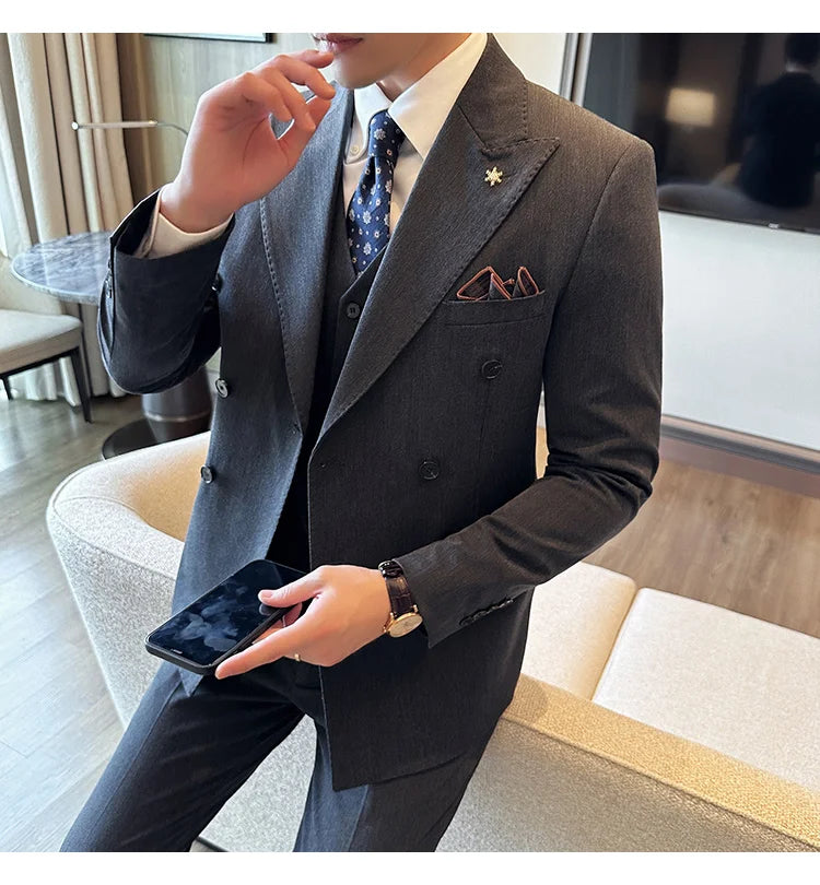 (Jackets+Pants) Luxury Double Breasted Design Slim Fit Suit High Quality Fashion Men's Wedding Social Suit Tuxedo 2 Piece Set
