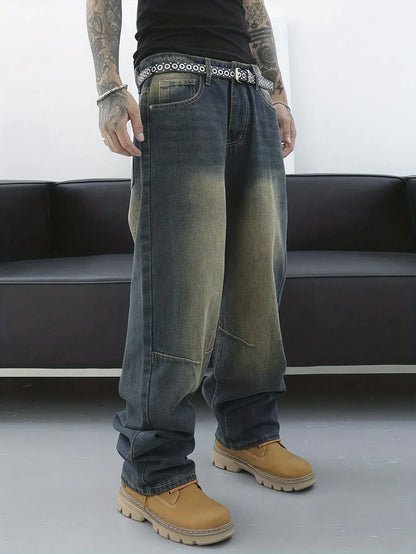 Vintage Men Y2k Baggy Denim Jeans for Men Fashion Casual Pants Streetwear Denim Hip Hop Wide-Leg Straight Casual Trousers