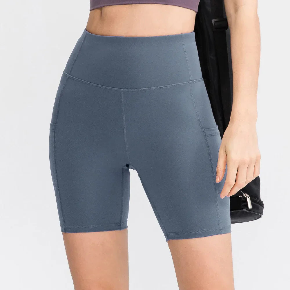 Women's printed nude yoga shorts with pockets skin-friendly tight stretch quick-drying sports fitness hiking running shorts