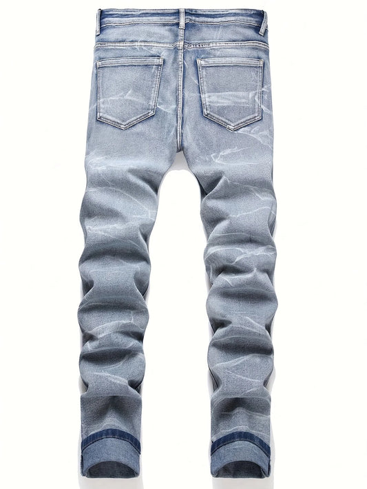 Men‘s Stretchy Denim Jeans Streetwear Tearing Patchwork Holes Ripped Denim Elastic Waist Casual Pants Slim fit Straight Trousers