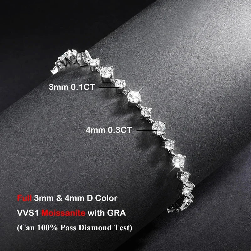 New In D Color 3/4mm Full Moissanite Tennis Bracelet For Women Lady S925 Silver GRA Certified Diamond Link Bracelets Gift
