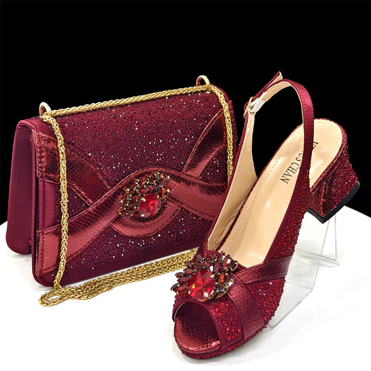 Wine 2025 High Quality Pointed Toe Sexy Ladies Shoes with Bow Bag Set For Luxury Party