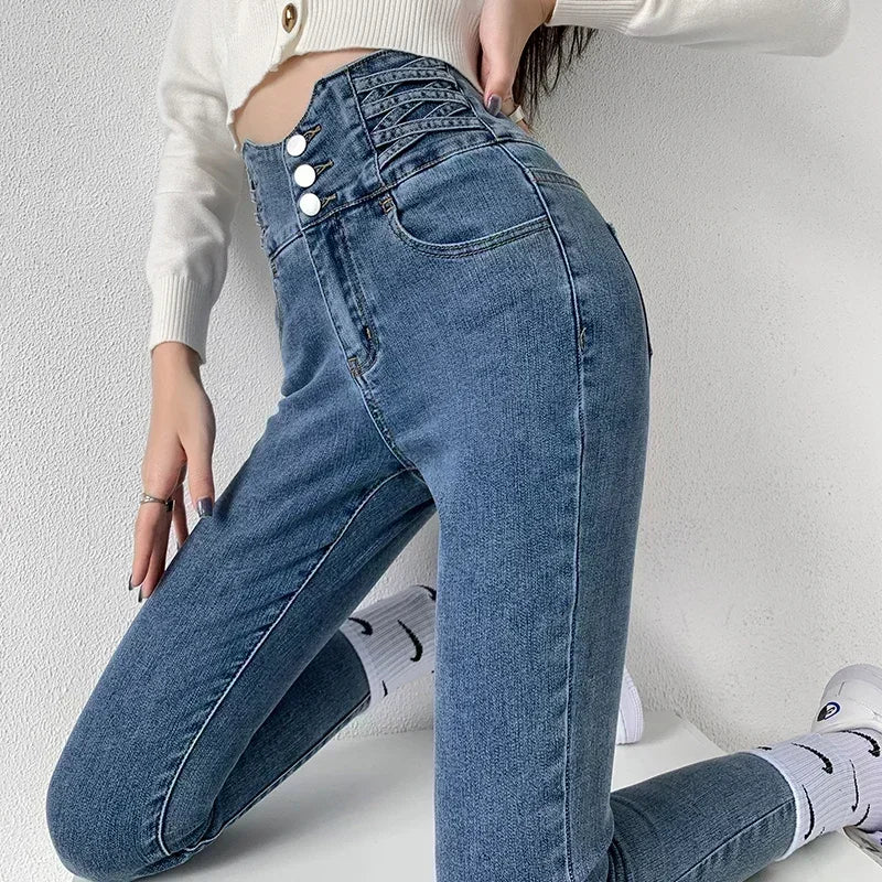 Y2K Jeans Four Buttons Vintage High Waist Women Slim Stretch Denim Pants
