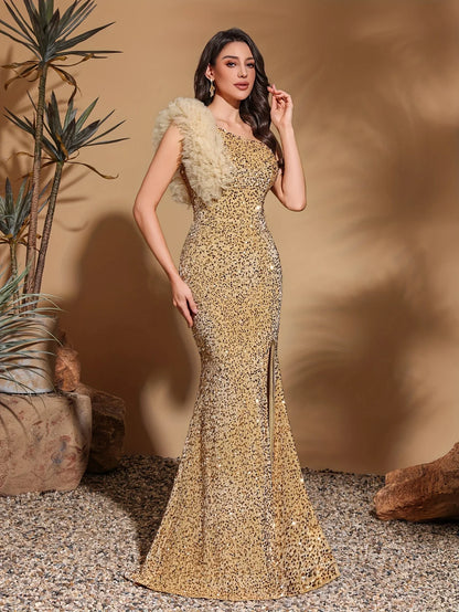 Sequined off-shoulder mesh splicing decorated slit dress