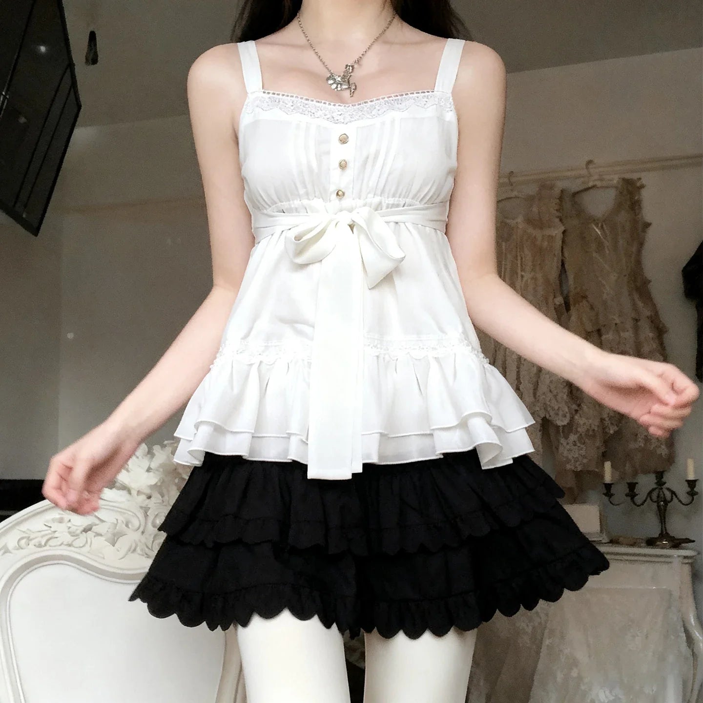 Sweet Lace Patchwork Bandage Ruffles Trim A-Tops Women's Solid Sheer Button Front Squre Neck Camisole All Match Vest