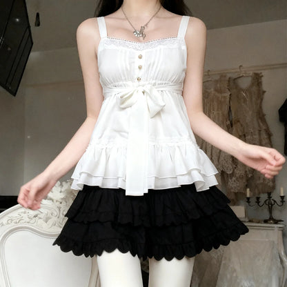 Sweet Lace Patchwork Bandage Ruffles Trim A-Tops Women's Solid Sheer Button Front Squre Neck Camisole All Match Vest