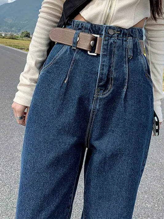 Women Casual Elastic High Waist Loose Denim Pants