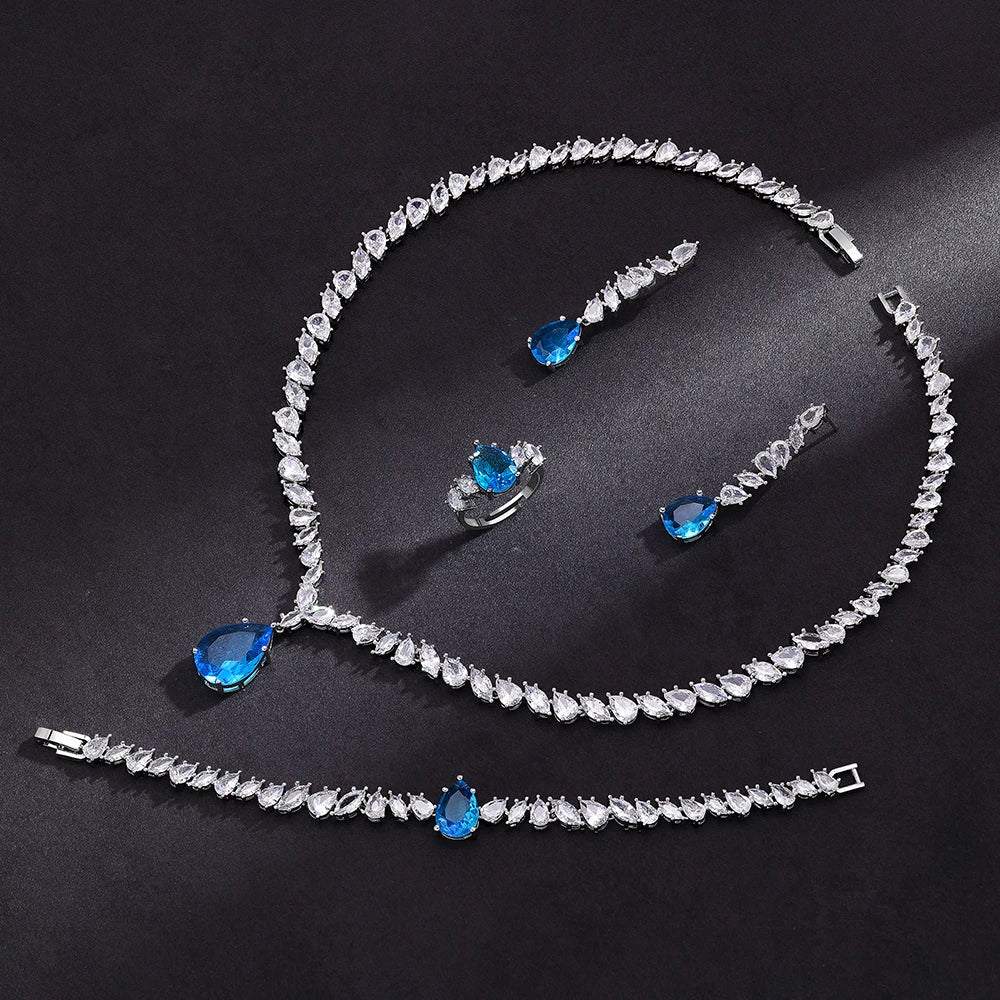 Luxury Cubic Zirconia Jewelry Sets for Women Wedding Bridal 4PCS Drop Necklace Earrings Set Party Gift