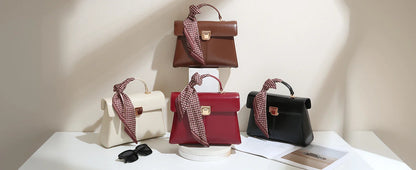 Genuine Leather Handbag with Scarf | Luxury Designer Trendy Shoulder Bag Solid Color Commuting Bag | bags for women gift