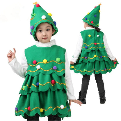 2024-2025 Girl Chritmas Tree Cosplay Costume 2 Pieces Set Dress+Hat Adorable Xmas Party Clothing Toddler St.Nicholas Day Apparel