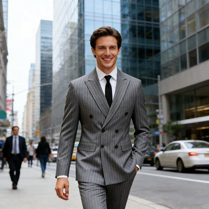 2pc Striped Double Breasted Men’s Suit Set(Jacket+Pants) Business Formal Man Suits Wedding Party Prom Dinner Work Travel Dinner