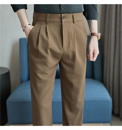 Men's Old Money Style Linen-Cotton Pleated Dress Pants – Lightweight, Semi-Elastic Waist & Wrinkle-Free for Summer