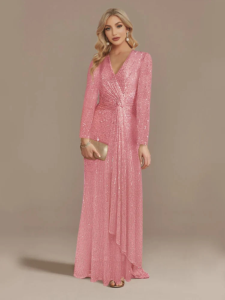 Luxury Long Sleeves V-Neck Sequins Evening Dresses Elegant Wedding Party Women Guests Prom Cocktail Gowns