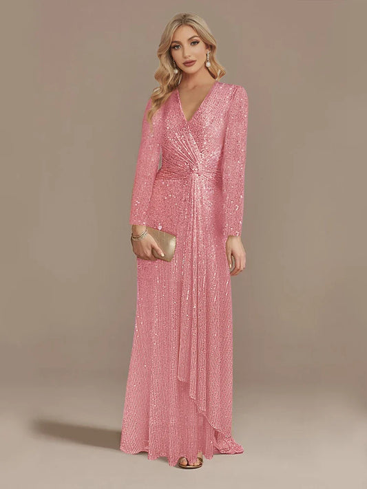 Luxury Long Sleeves V-Neck Sequins Evening Dresses Elegant Wedding Party Women Guests Prom Cocktail Gowns