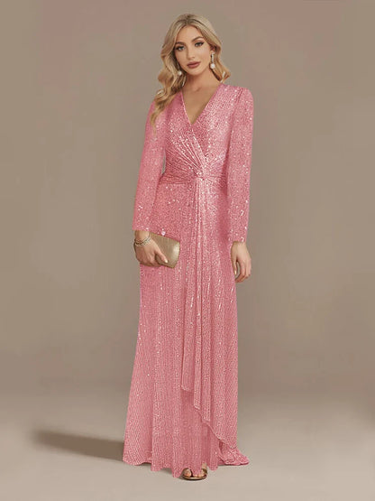 Luxury Floor Length V-Neck Evening Dress 2025 Women Elegant Party Maxi Dress Sequin Long Sleeves Prom Cocktail Dress