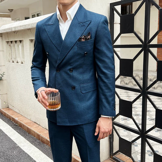 Men Vintage Luxury Double Breasted Slim Fit Lapel Evening Gown ltalian Style Fashion High-end Groom Wedding Party Tuxedo 2 Piece