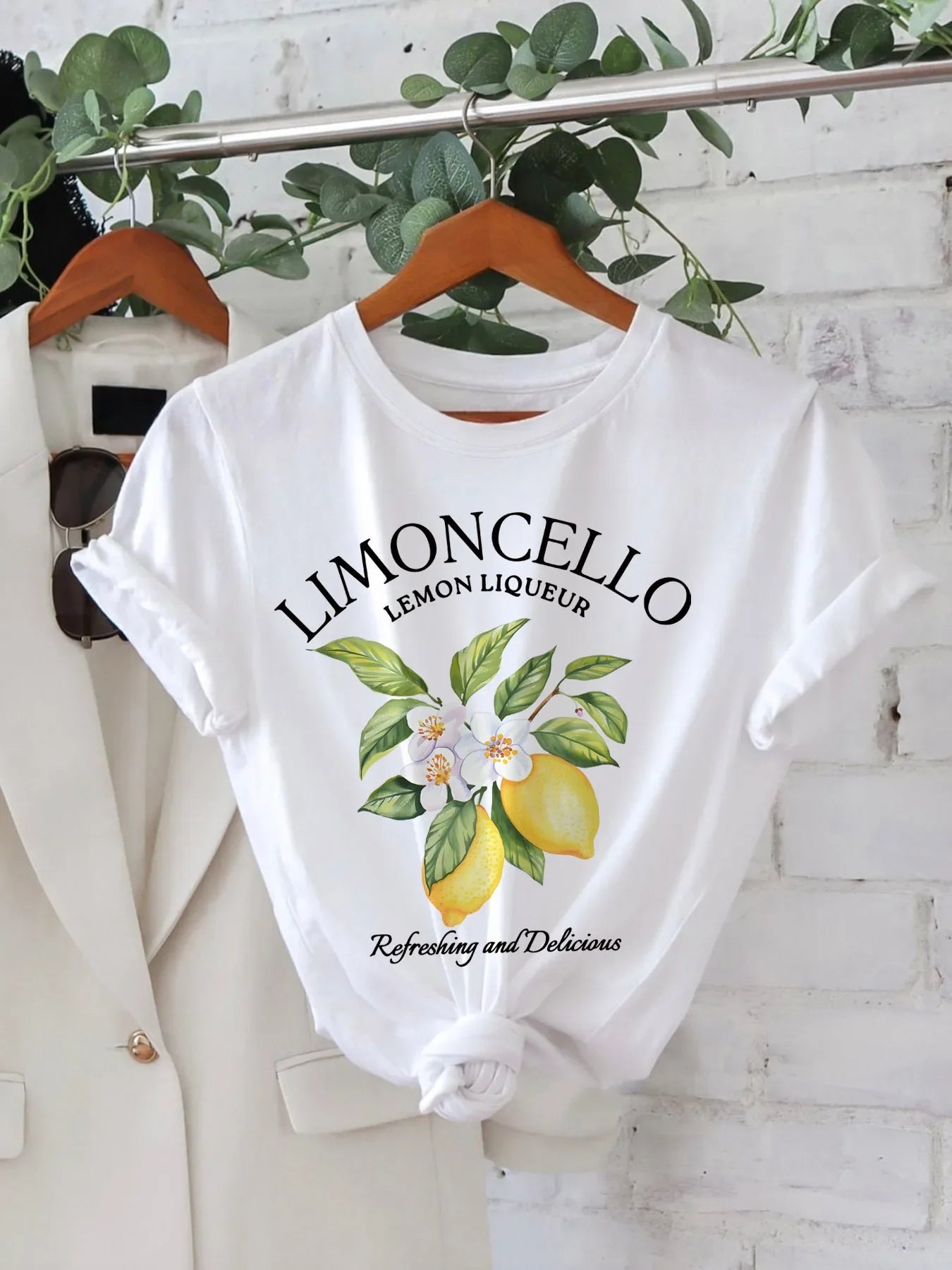 Graphic Print T-Shirt Lemon & Floral Pattern Short Sleeve Round Neck Casual Women's Top Perfect for Spring & Summer