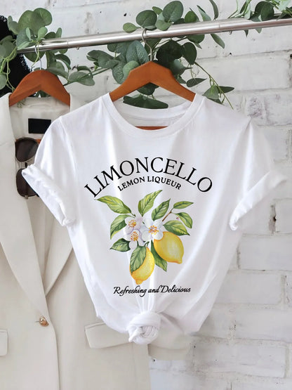 Graphic Print T-Shirt Lemon & Floral Pattern Short Sleeve Round Neck Casual Women's Top Perfect for Spring & Summer