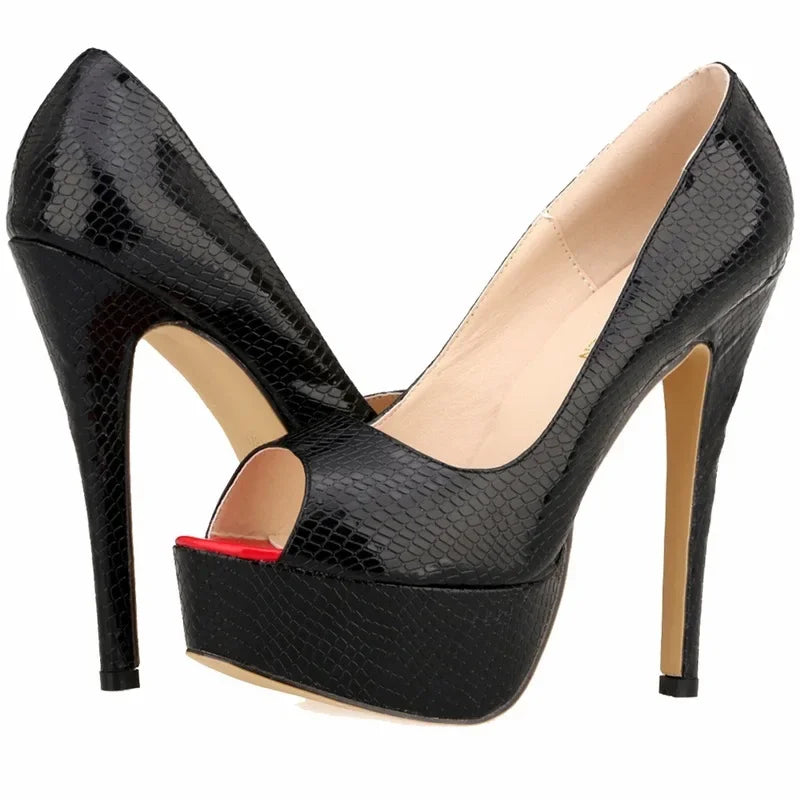 Women Sandals Sexy Pumps Patent Leather Platform Crocodile Pattern 14cm High Heels Peep Toe Stilettos Party Dress Wedding Shoes