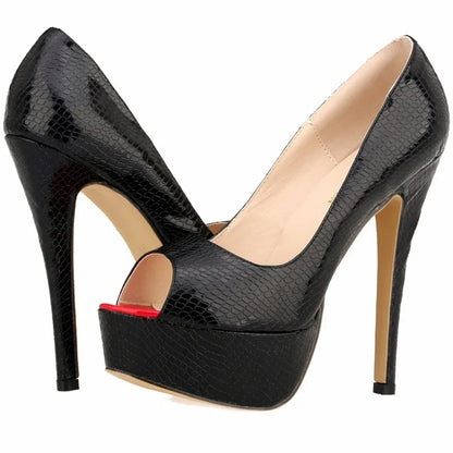 Women Sandals Sexy Pumps Patent Leather Platform Crocodile Pattern 14cm High Heels Peep Toe Stilettos Party Dress Wedding Shoes