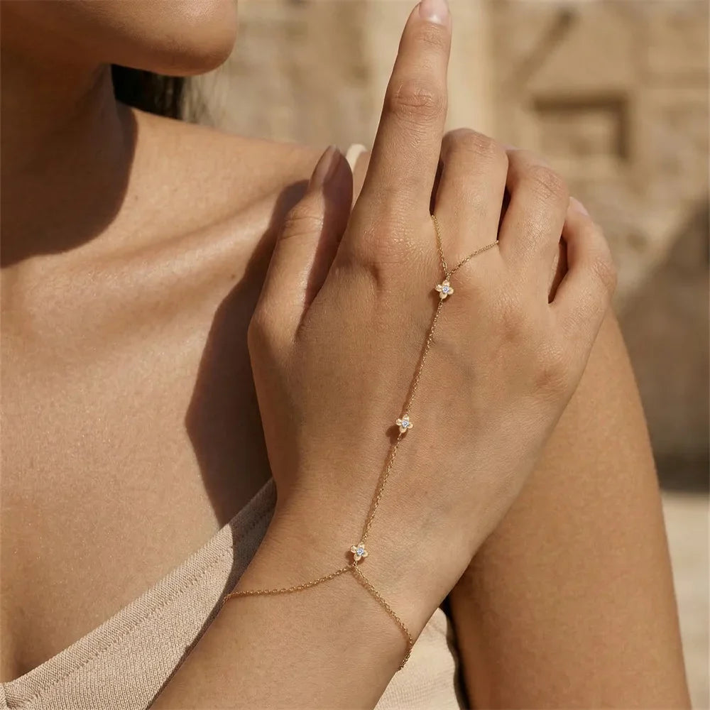 Dainty 5A Zircon Finger Ring Chain Bracelets Flower High Carbon Bracelet for Women Girl Adjustable s925 Silver Jewelry Gift