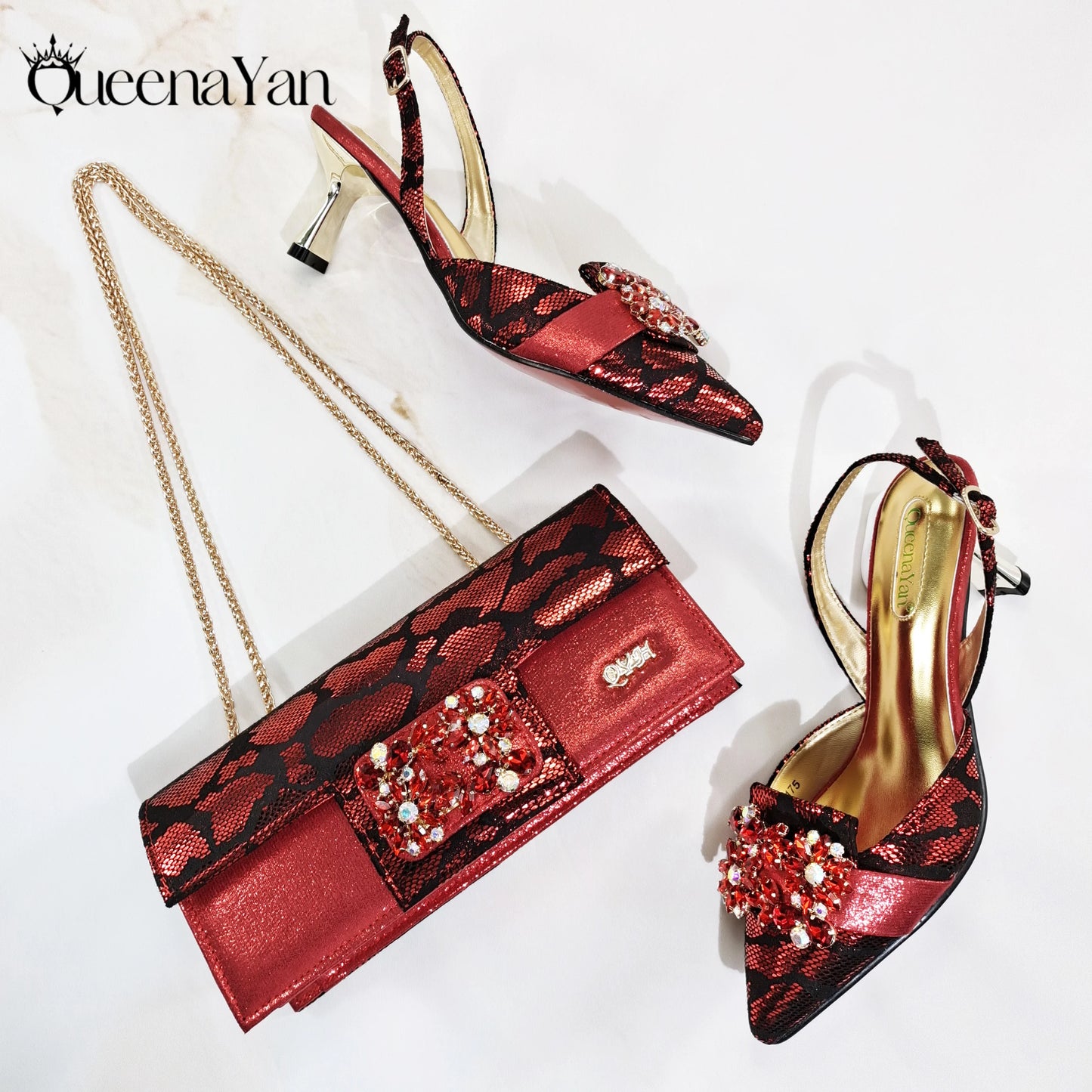 Elegant Mature Purple Color Style Rhinestone and Print Design Pointed Toe High Heels and Bag Set for Party Wedding