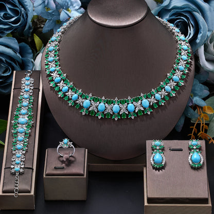 New Luxury Green Blue CZ Crystal Turquoise Earrings Necklace 4PCS Wedding Bridal Jewelry Set for Party