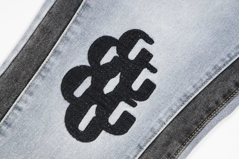 American retro washed letter spliced denim trousers high street trendy brand couple loose straight micro-flared long trousers