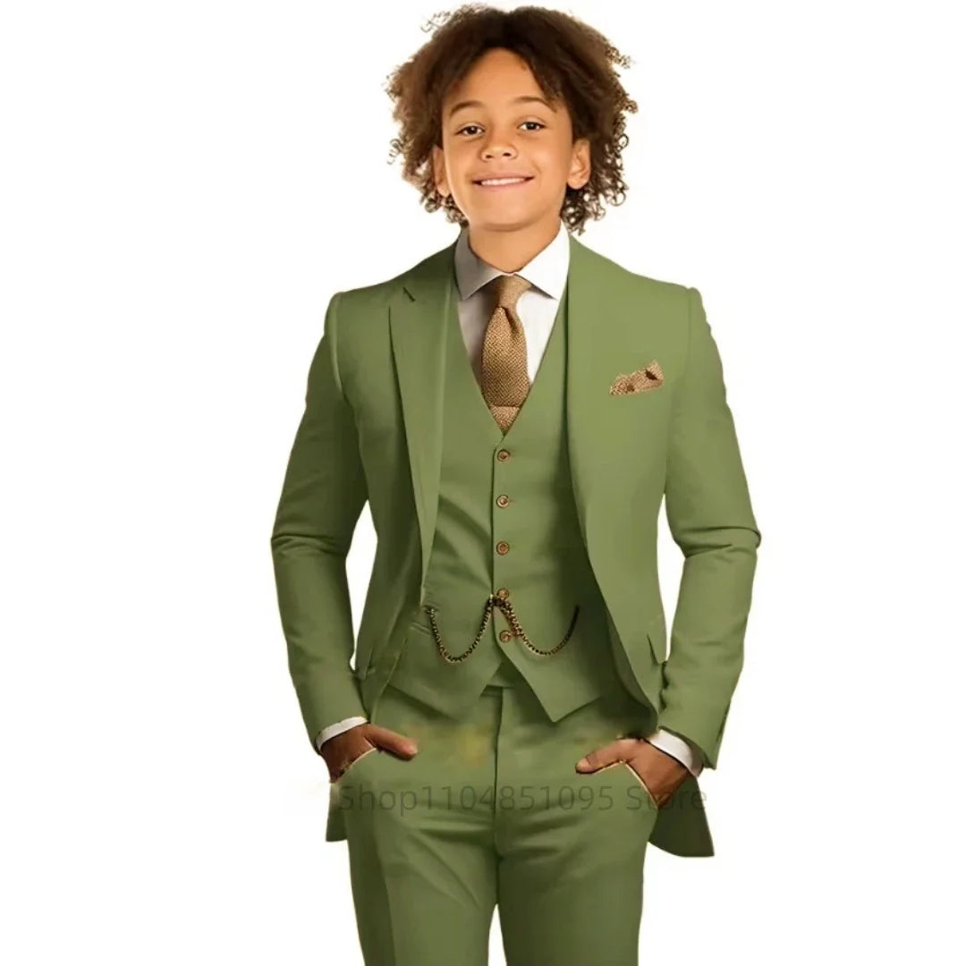 Khaki Boys Suit 3 Piece Groom Tuxedo Notch Lapel Jacket Pants Vest Wedding Party Birthday Gift Kids Slim Fit Blazer Child Suits