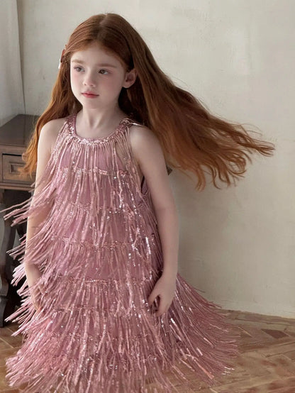 Vestido Infantil Meninas 2025 Verão Novo Moda Infantil Vestido de Borla Brilhante de Luxo Vestido de Aniversário para Meninas