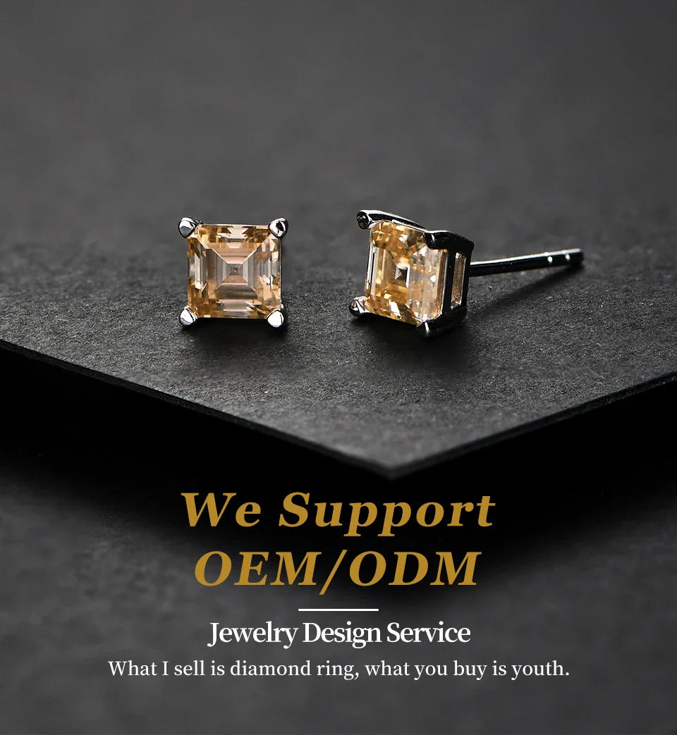 Silver 925 Earring Yellow Moissanite Screw Back Stud Square Stud Earrings For Women  Princess Cut 5*5MM Jewelry 귀걸이