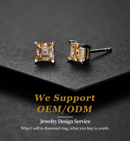 Silver 925 Earring Yellow Moissanite Screw Back Stud Square Stud Earrings For Women  Princess Cut 5*5MM Jewelry 귀걸이