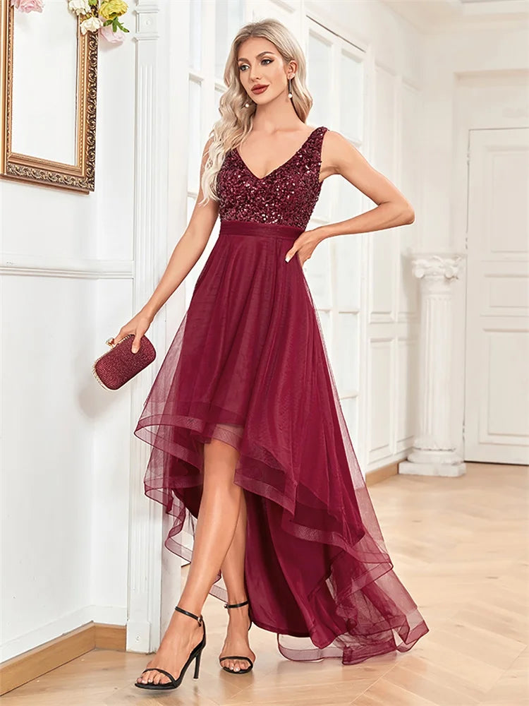 Elegant Women Sleeveless Sequins V-Back Floor Length Formal Evening Dresses Luxury V-neck Wedding Party Cocktail Gowns