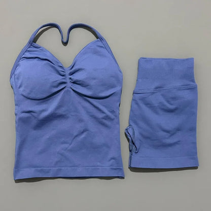 No Logo 2 Pies Sports Set Women Backless Tank Yoga Tops High Waist Scrunch Seamless Shorts Sport Gym Set Sportswear Workout Set