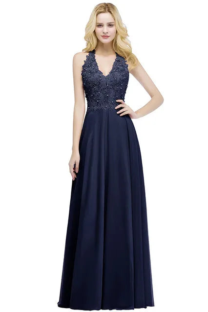 Vestido de Madrinha com Gola Halter Renda Pérolas Corpete Saia Longa até o Chão Chiffon Sexy Costas Abertas Roupa de Casamento