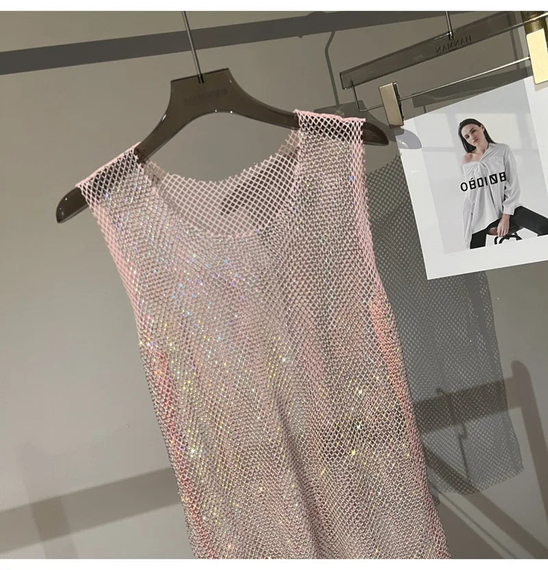 Women&Men Crystal  Rhinestones Shiny Sexy Y2K Tank Tops High Quality Party Club Sexy See Through Mesh Hollow Out Diamond shirt