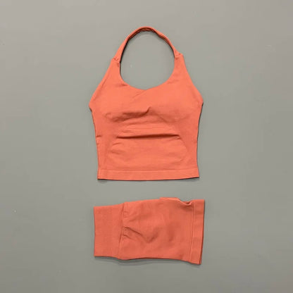 Women Seamless Gym Set 2Pcs Halter Neck Sports Crop Top High Waist Scrunch Butt Shorts Workout Fitness Yoga Tracksuit Sportswear