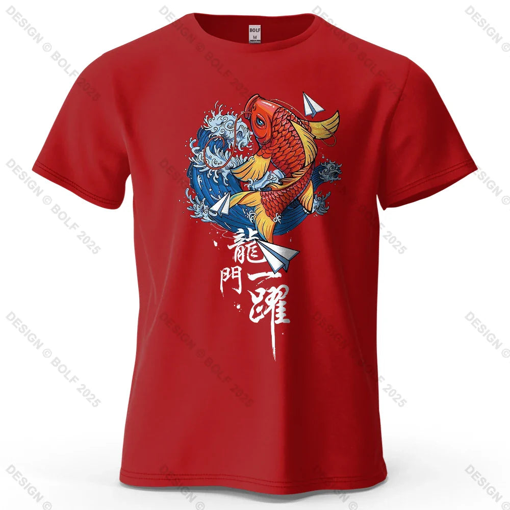 Dragon Gate Leap Printed Men's T-Shirt 100% Cotton Oversized Carp Good Luck Graphic Tees for Women Tops Tees Streetwear