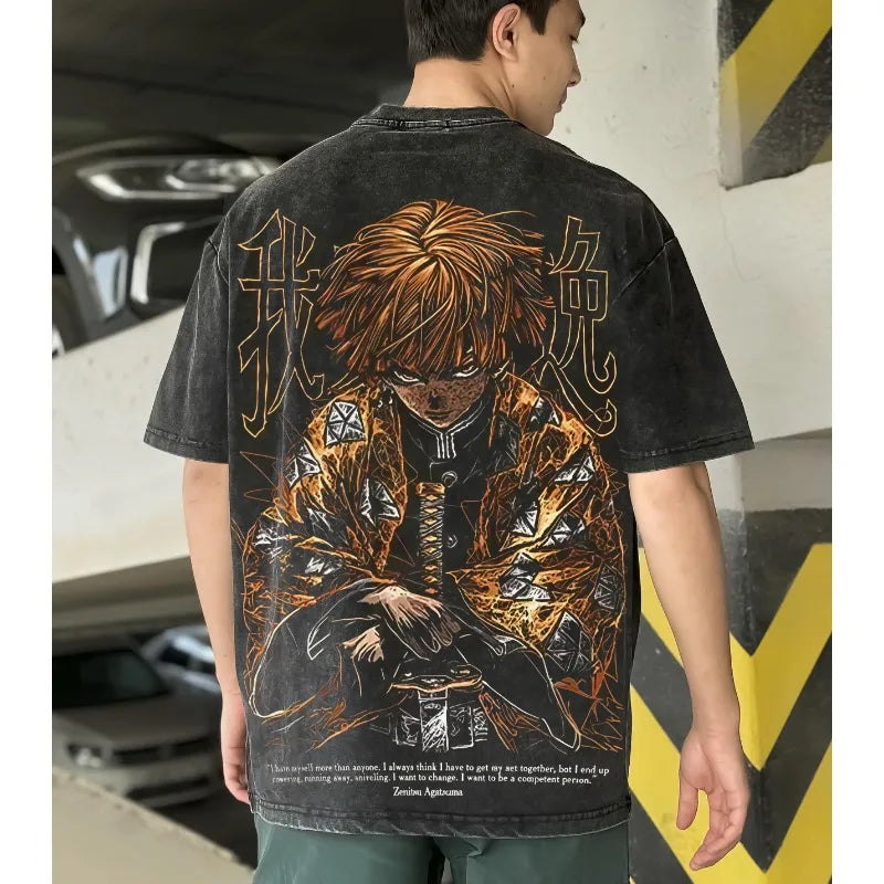 Summer Men's Washes T-shirts Japanese Anime Demon Slayer Agatsuma Zenitsu Graphic Clothing Harajuku Y2K Oversized  Cotton Tops