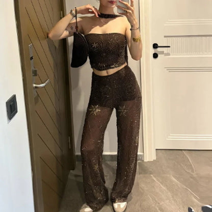 Corset Crop Tops For Woman Strapless Haler Top Women Summer Tulle Beaded Sequin Top Backless Semi Sheer Sexy Bandeau Top