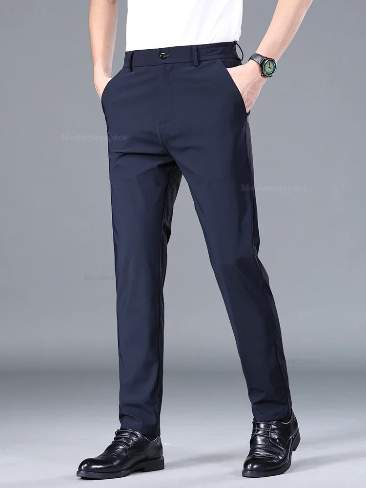 Summer Thin Stretch Trousers Men Elastic Waist Korean Classic Black Gray Blue Business Casual Formal Pants Male Brand