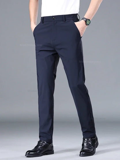 Summer Thin Stretch Trousers Men Elastic Waist Korean Classic Black Gray Blue Business Casual Formal Pants Male Brand