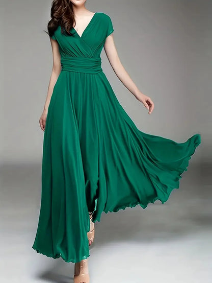 Women's Short-Sleeved Chiffon Evening Dress, Female Party Dress, Monochromatic, Bohemian, Long, Elegant, New, 2022