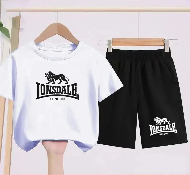Lion Alphabet Print Kids Summer T-shirt Boys Girls Toddlers 3-12 Years Top+ Shorts 2P Outdoor Sports Clothes Fashion Leisure Set