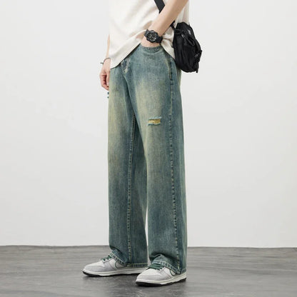 Korea Baggy Jeans Men's Vintage Straight Ripped Y2k Pants Fashion Frayed High Street Distressed Denim Trousers Male Clothes