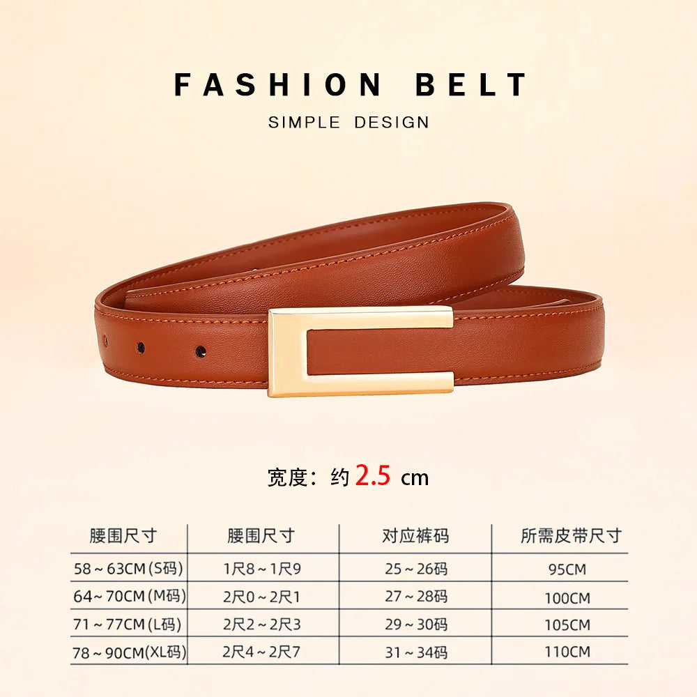 Genuine leather belt for women; cowhide fashion waist belt; versatile smooth buckle; 2025 dress decoration belt for