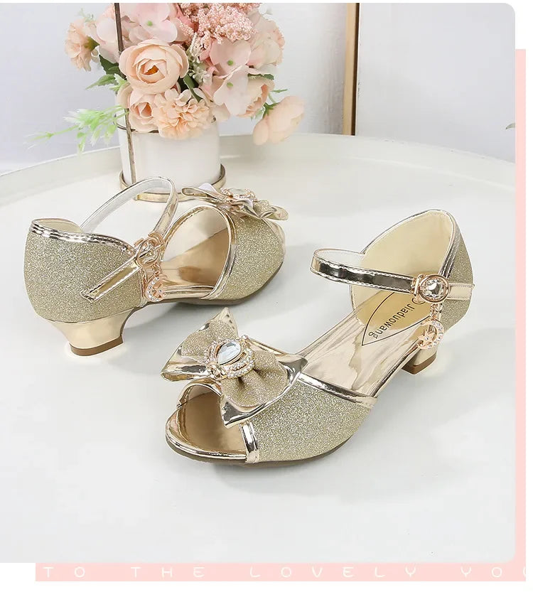 New Girl's High Heel Shoes for Kids Party Wedding Fashion Princess Causal Dress Shoes Sequins Versatile Children's Crown Sandals