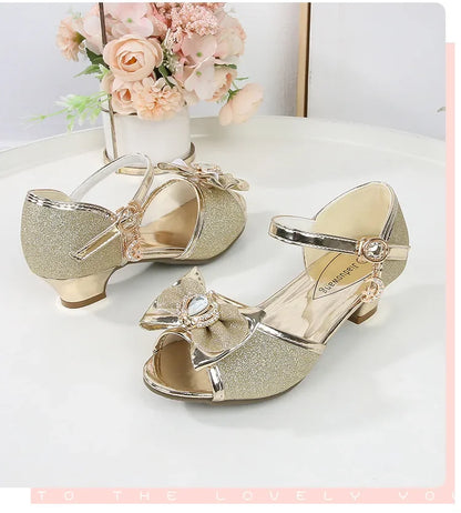 New Girl's High Heel Shoes for Kids Party Wedding Fashion Princess Causal Dress Shoes Sequins Versatile Children's Crown Sandals